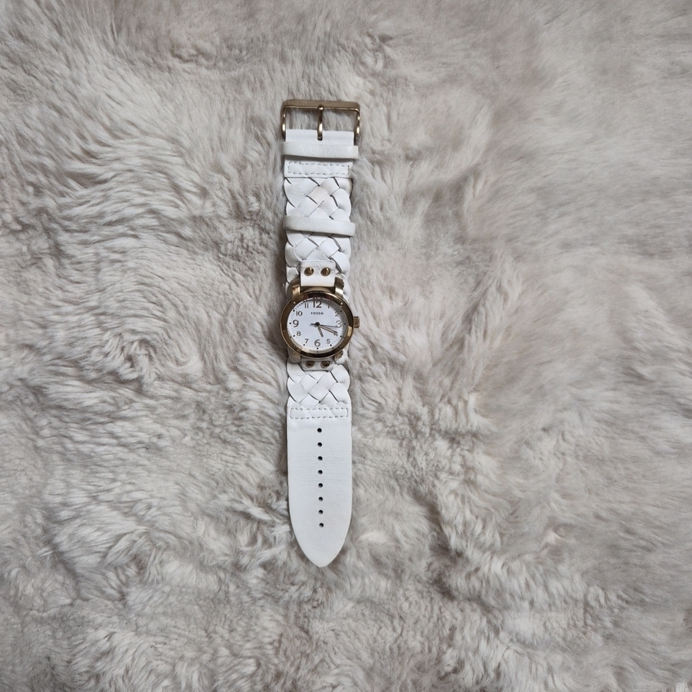 Fossil Watch White Leather Band Braided Detail Gold Tone JR-1291 Western Country
